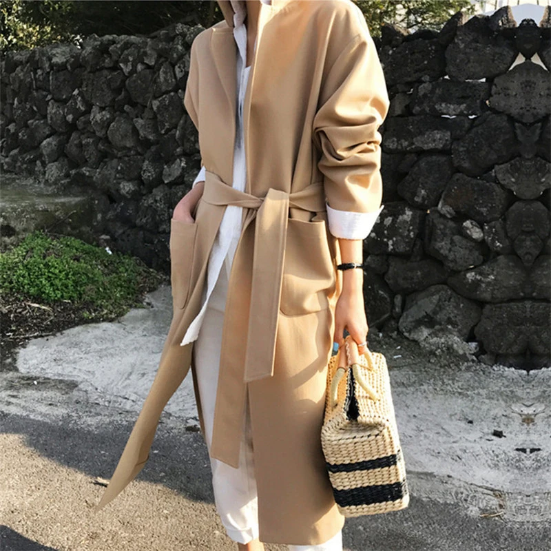 

Women Sashes Solid Thick Warm Wool Long Jacket Sungtin Korean Casual Loose Woolen Coat Belt Female Chic Elegant Overcoat Chic