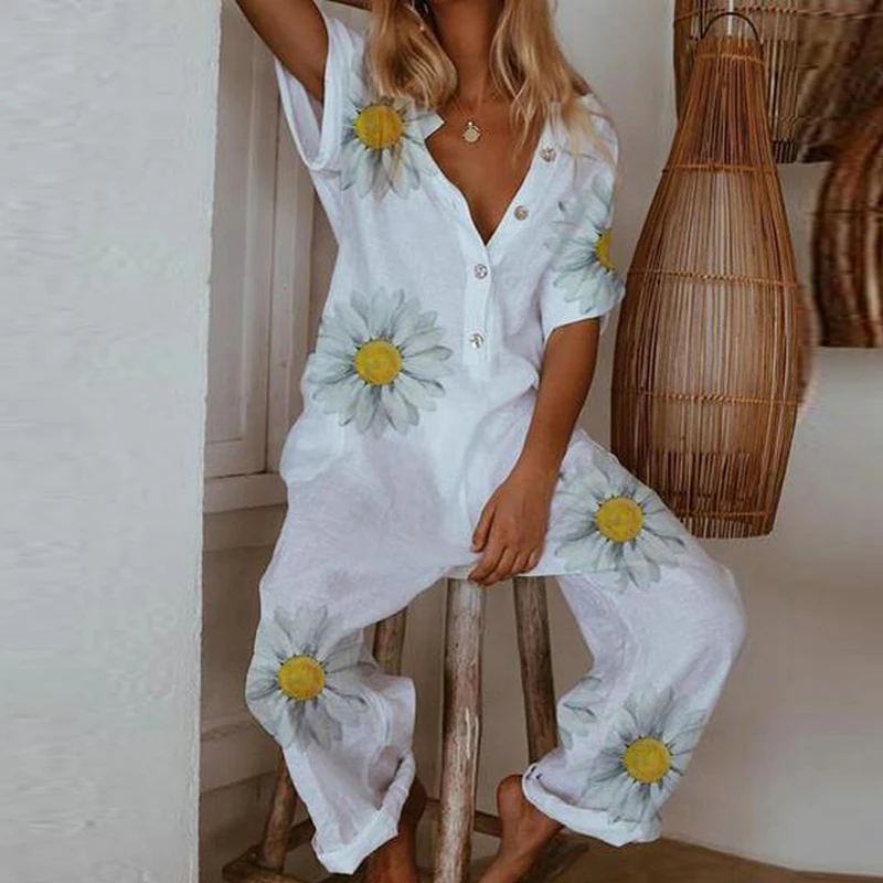 

Daisy Print V Neck Women Jumpsuit Short Sleeve Button Cotton Linen Female Romper Jumpsuit 2020 New Spring Summer Ladies Overalls