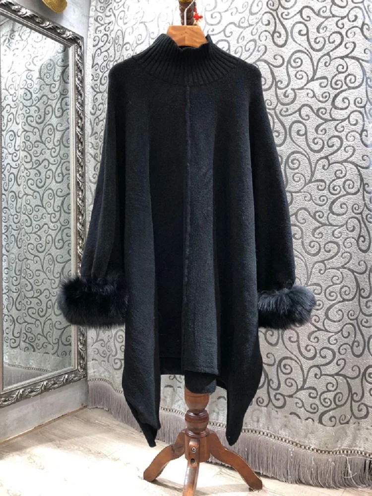 Plus Size Sweaters & Pullovers 2020 Autumn Winter Tops Coat Women Fox Hair Deco Long Sleeve Casual Loose Cape Poncho Coat Female
