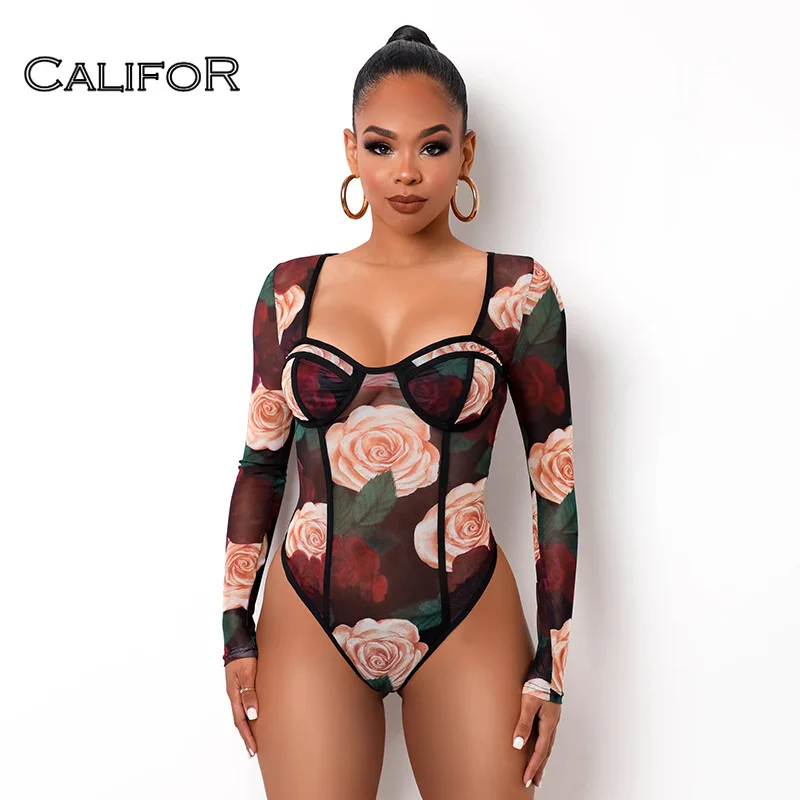 

Mesh See Through Bodysuits Women' Onesies Tops Summer 2021 Suspender Rose Print Romper Sexy Bodycon Bodysuits Vintage Clothing