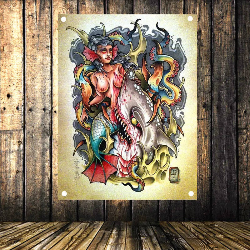 Высокое качество Старая школа тату флаги Большой HD Печать баннер настенные