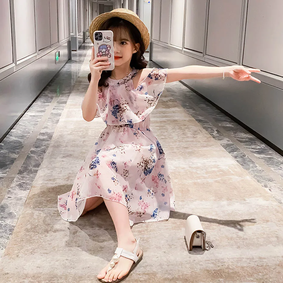 Платье для девочек летние платья с цветочным узором детское платье круглым