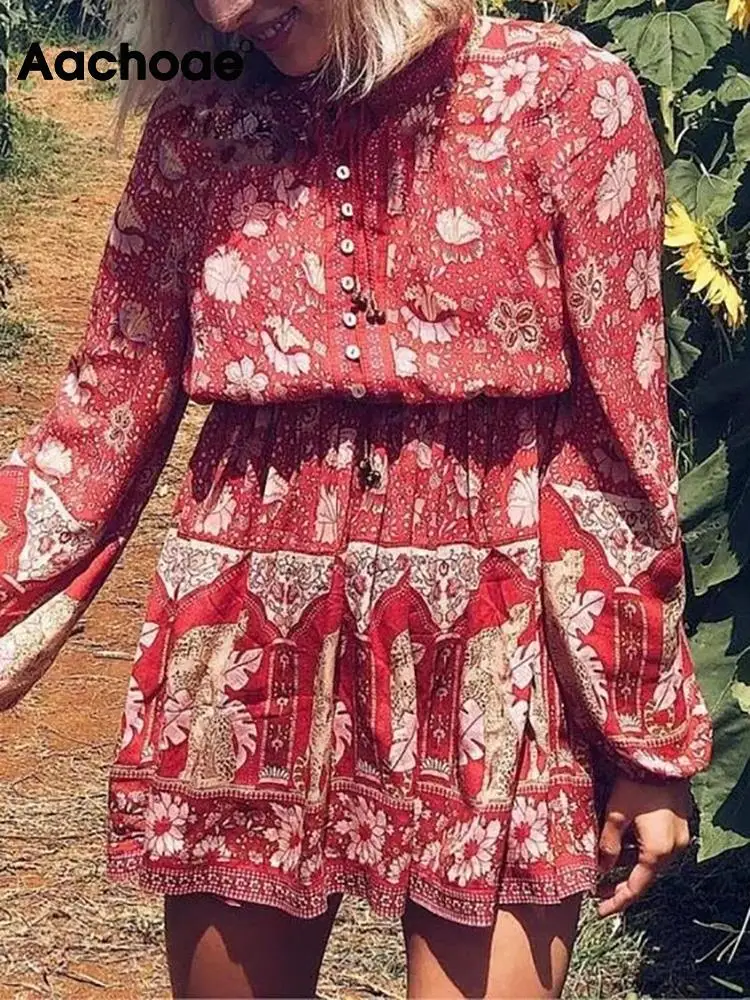 

Платье-мини женское ТРАПЕЦИЕВИДНОЕ с цветочным принтом, круглым вырезом и длинными рукавами-фонариками