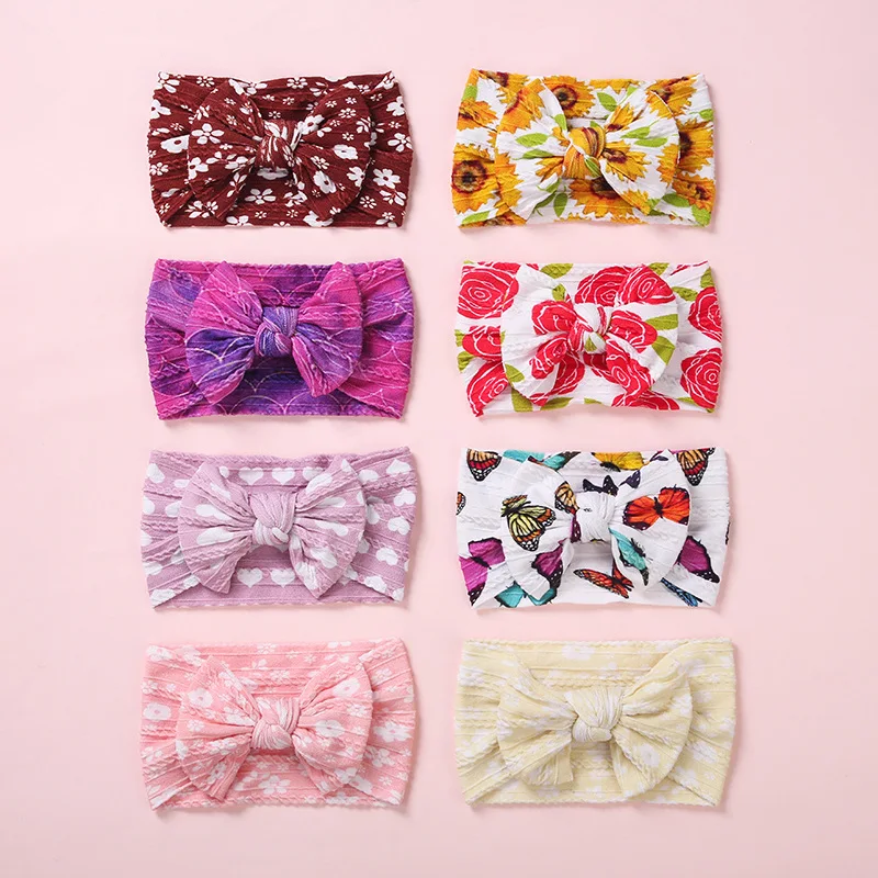 

Baby Bows Headband Girls Jacquard Head Wrap Nylon Infant Soft Turban Braid Toddler Floral Printing Hair Accessories Hairband