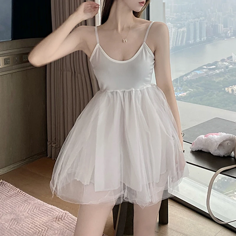 

White Mesh Sexy Strap Dress Women Patchwork Chic Korean Party Mini Dress Female Casual Club Fairy Dress Summer 2021 Office Lady
