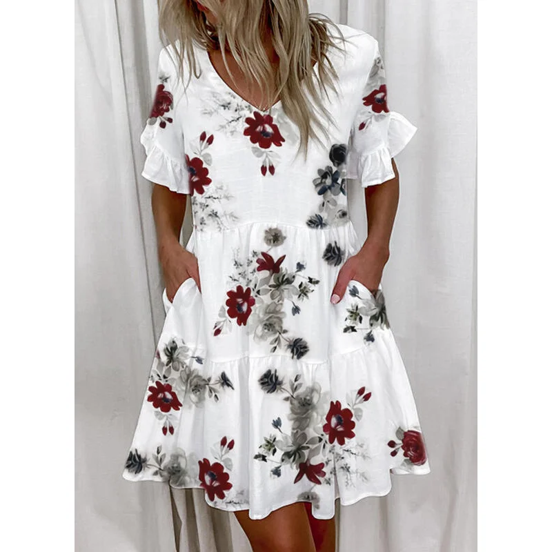 

Mini Dress 2021 Fashion Floral V-neck Printed Pocket Casual Dress Ruffle Xl Short Sleeve Loose Beach Dress Ladies Summer