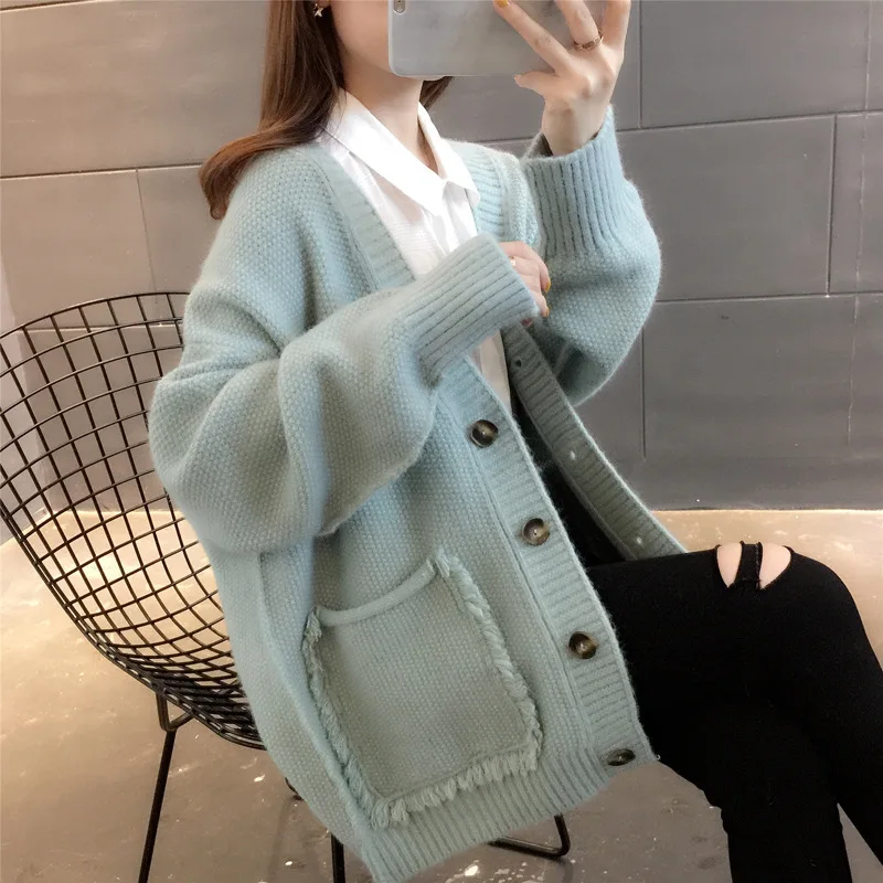 

Lazy style solid color tassel sweater coat female 2021 autumn and winter new Korean loose single-breasted knit cardigan female