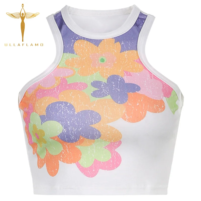 

I-Shaped Tank Top Femme High Street Floral Print Crop Camis Summer Harajuku Slim Crop Tops Sleeveless Tank Vest Womens Clothes