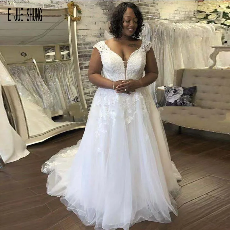 

E JUE SHUNG South African Wedding Dress 2019 A Line V Neck Lace Appliques Button Back Cap Sleeves Bridal Gowns vestido de noiva