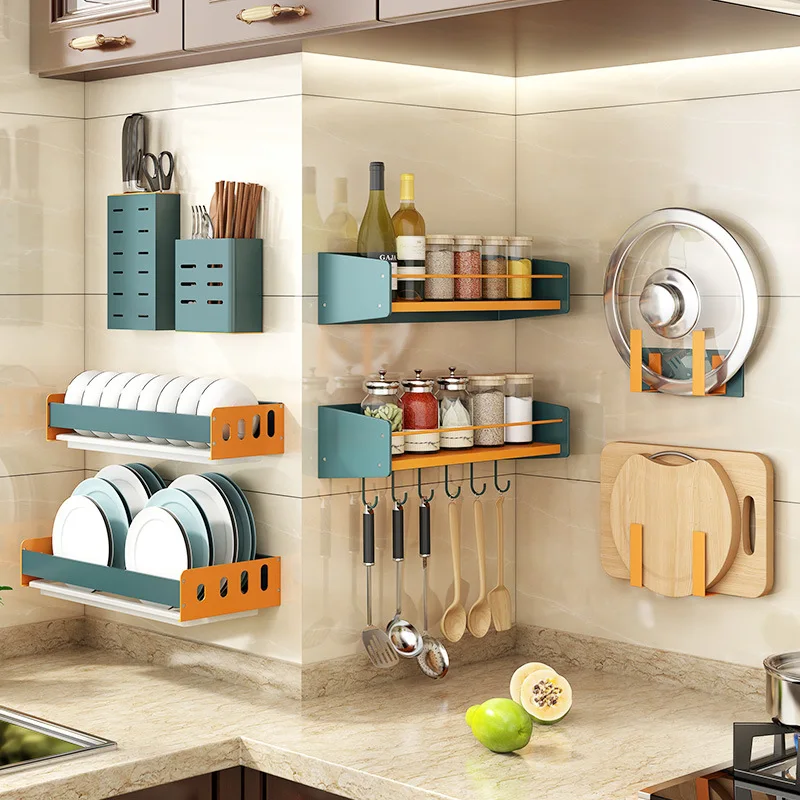 

Green and Orange Aluminum Alloy Kitchen Storage Rack Knives Holder Cutlery Conatiner Box Dish Plates Drying Shelf Hanging Rod