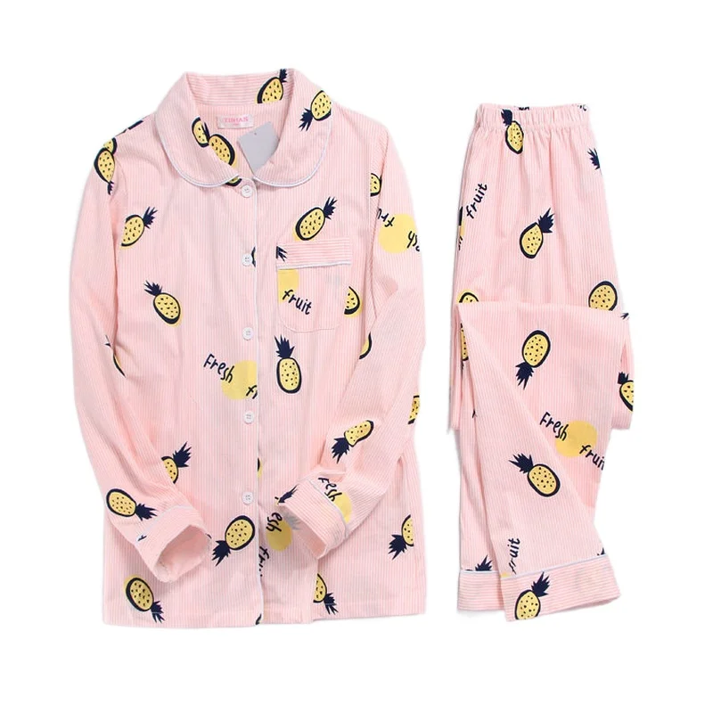 

Женские пижамные комплекты 2021 с клубничками, лето Prnt тонкий трикотажный хлопок, одежда для сна, домашняя одежда с длинными рукавами милый Но...