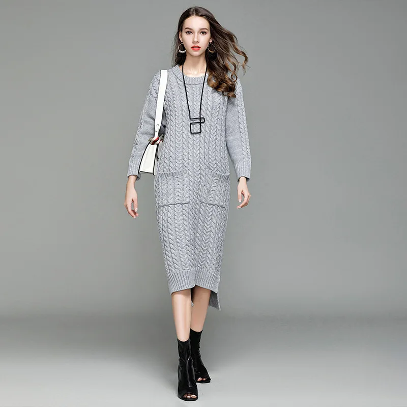 Женский осенне-зимний супер длинный свитер с карманами повседневный пуловер