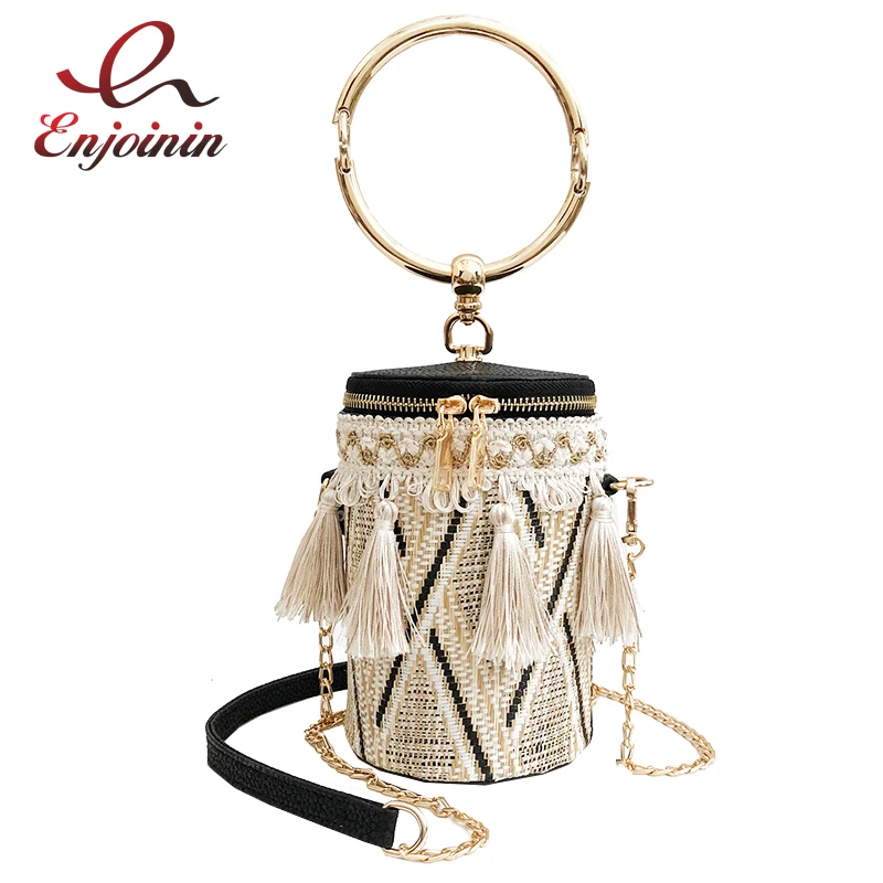 

Trendy Straw Pu Leather Fringe Round Cylinders ladies Casual Tote Handbag Crossbody Mini Messenger Bag Bolsa For Women Pouch