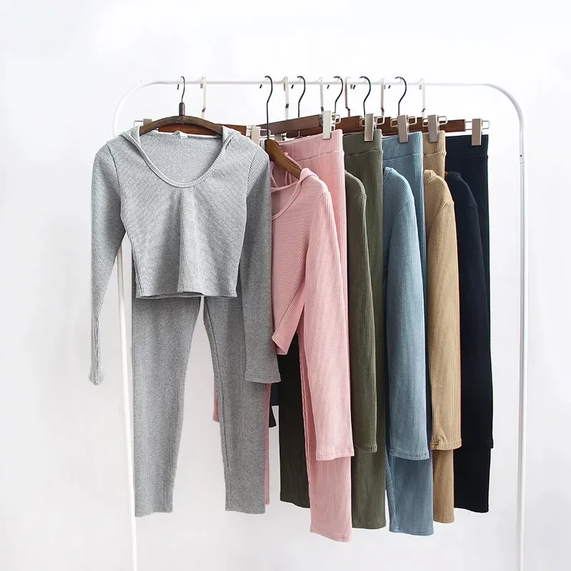 

Casual Tracksuit Women Sets Crop Top And Pants Hooded Collar Pants Suit Elastic Waist Autumn Winter