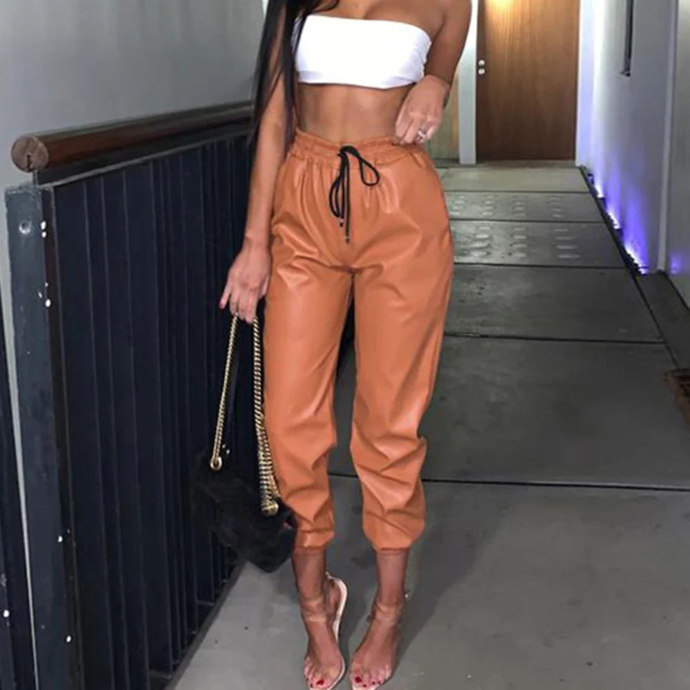 Новинка повседневные женские брюки с высокой талией из искусственной кожи