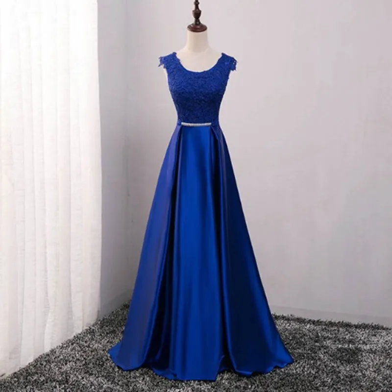 [Clearance Sale] Shine Satin Long Lace Evening Dress 2020 Fashion O Neck Sleeveless Zipper Back Formal Party Dresses | Свадьбы и