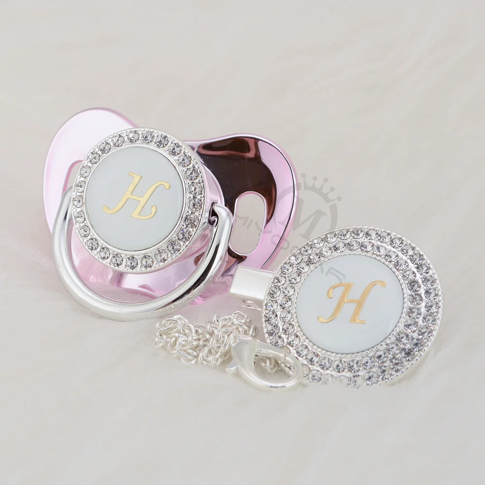 MIYOCAR-chupete ostentoso con iniciales plateadas, juego de chupete con clip, sin BPA, regalo para baby shower, LH-1-4