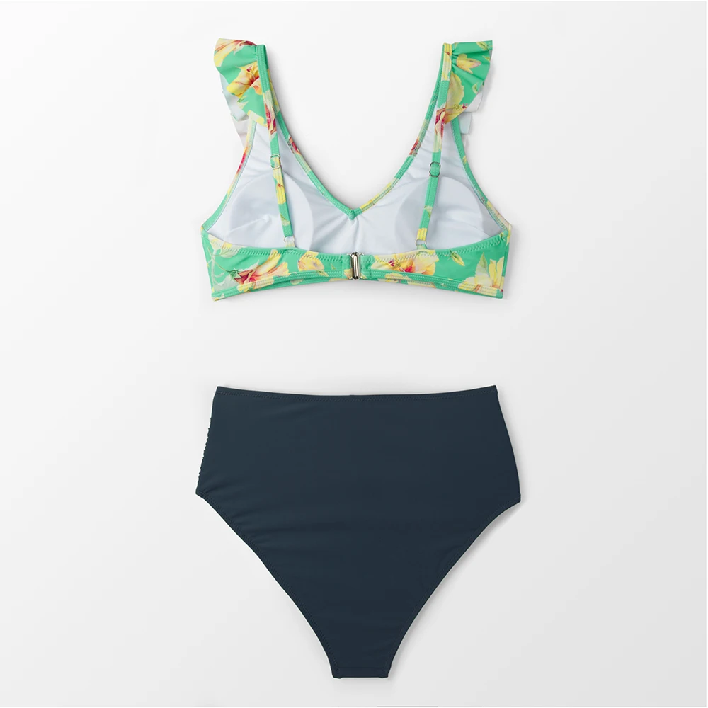 Женский купальник бикини CUPSHE голубой в полоску с высокой талией и оборками