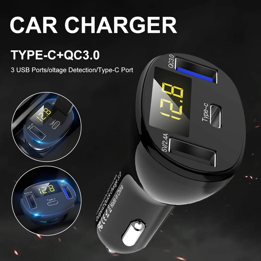 

Car Charger 12-24V Triple USB Ports 2.4A/USB-C/QC3.0 Fast Charging Lighter Adapter Kit with Digital Voltmeter for Phones Tablets