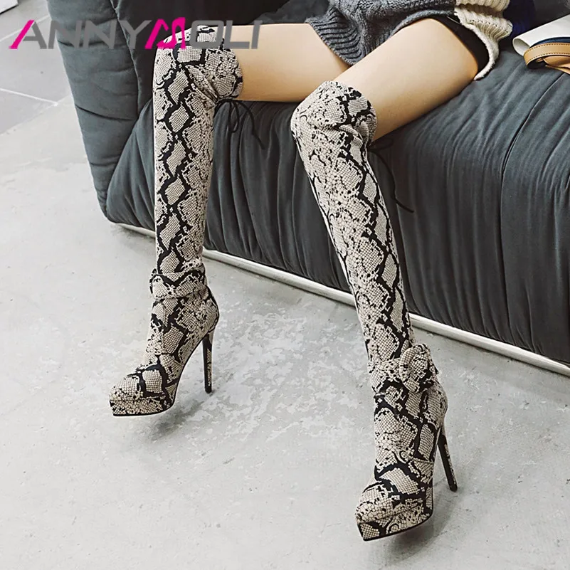 Женские сапоги выше колена со змеиным принтом на тонком каблуке|Ботфорты| |