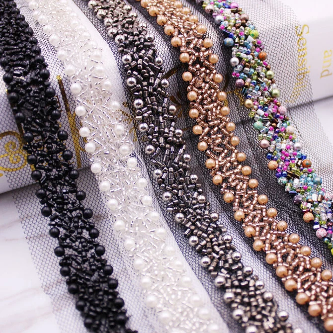 10 ярдов ручной работы белый черный серый бисер кружевной отделкой лента-сетка