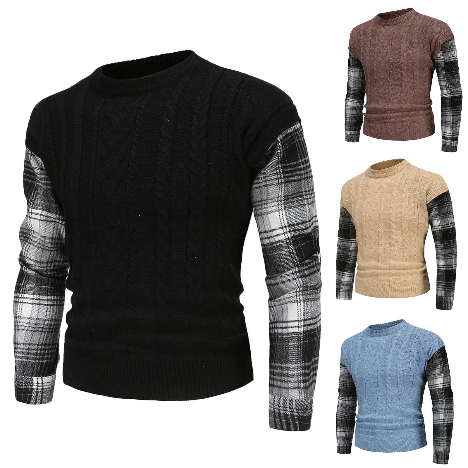 

Повседневный мужской свитер, приталенный трикотажный свитер в полоску с круглым вырезом, сезон осень-зима, облегающий клетчатый джемпер с р...