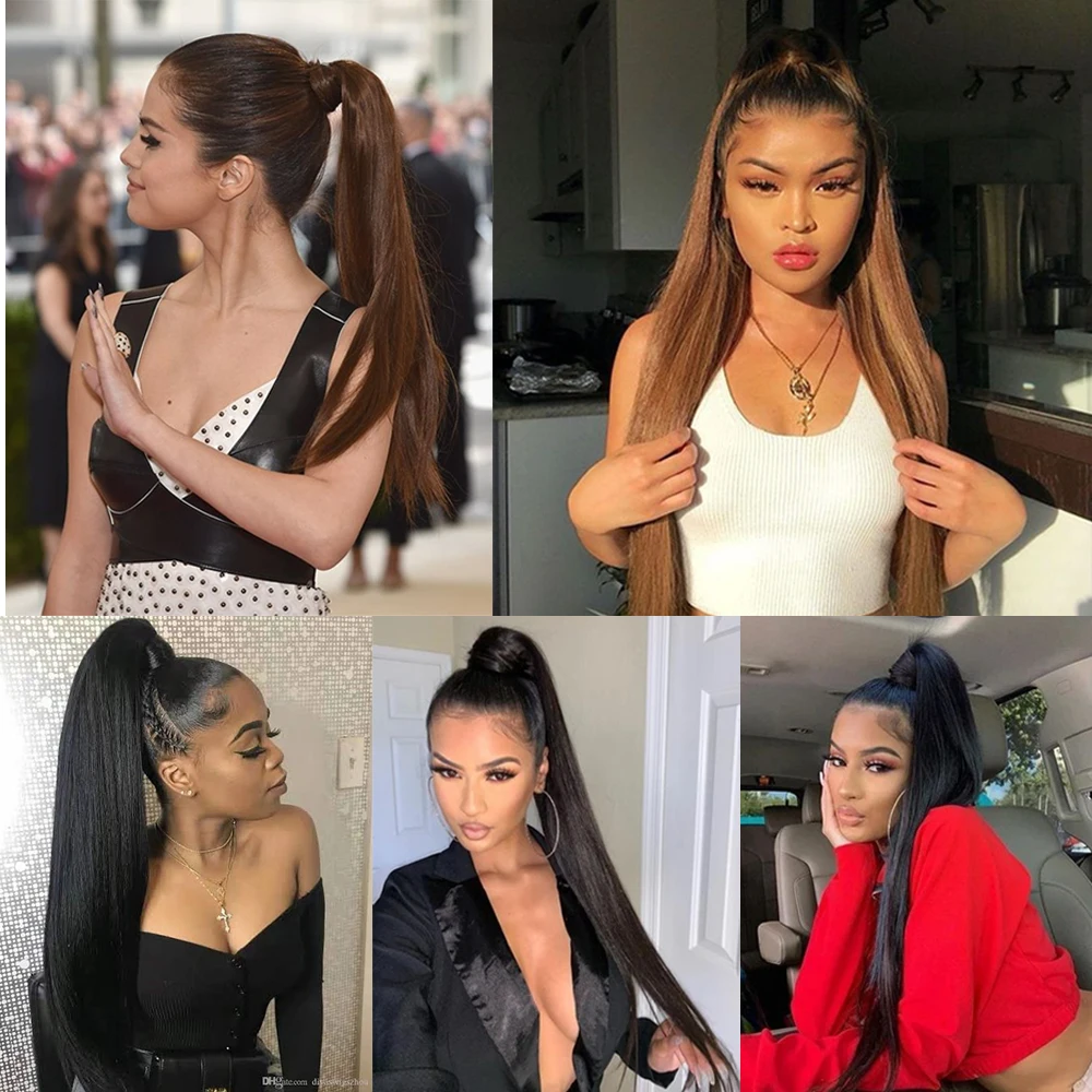 Azqueen Synthetic Long Straight Wrap Around Clip In Ponytail Hair Extension Heat Resistant Pony Tail Fake Hair