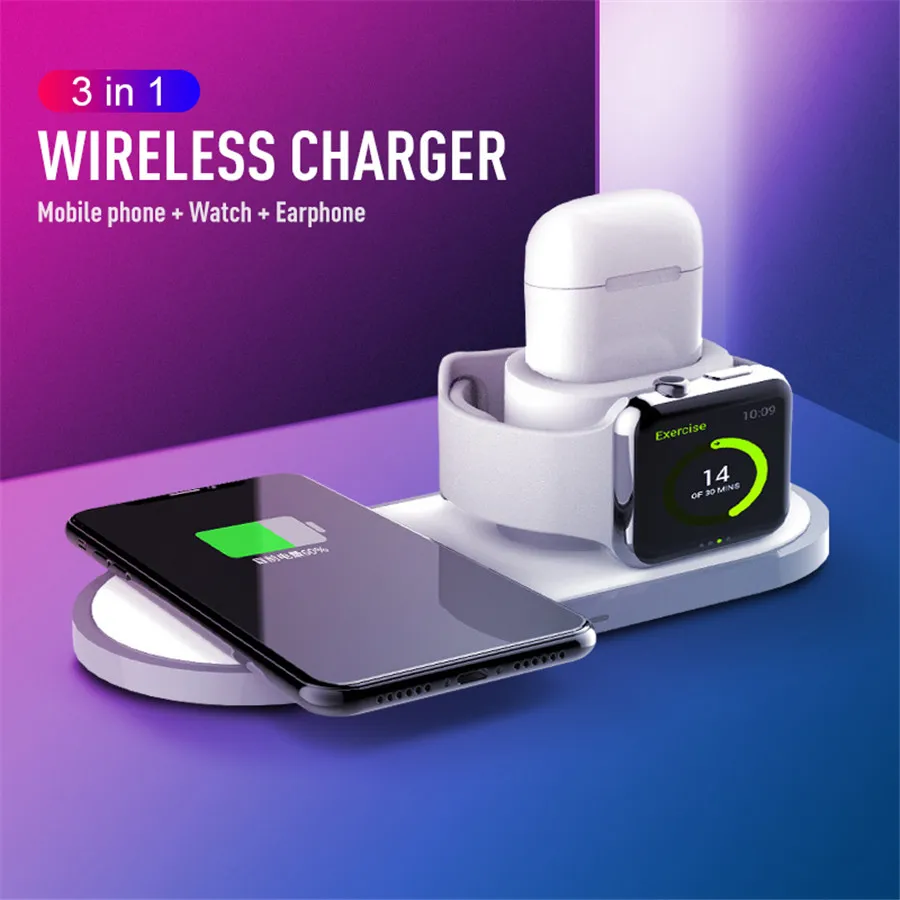 QI TYPE-C быстрая мульти для iPhone Xs Max XR X 8 8Plus телефон Apple AirPods watch беспроводное быстрое зарядное устройство 10 Вт 3 в 1 Подставка для зарядки