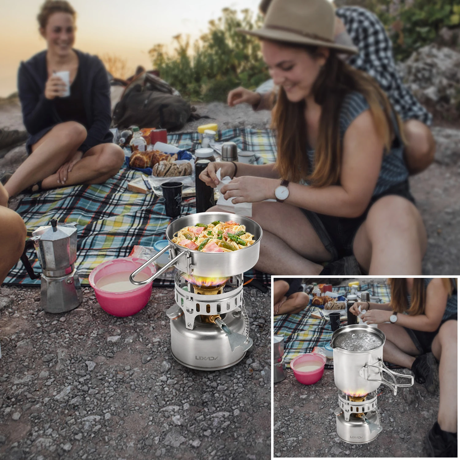 

Lixada Camping Cookware Mess Kit with Gasoline Stove Cooking Pot Pan Spork Scoop Cleaning Sponge Oil Bottle Funnel