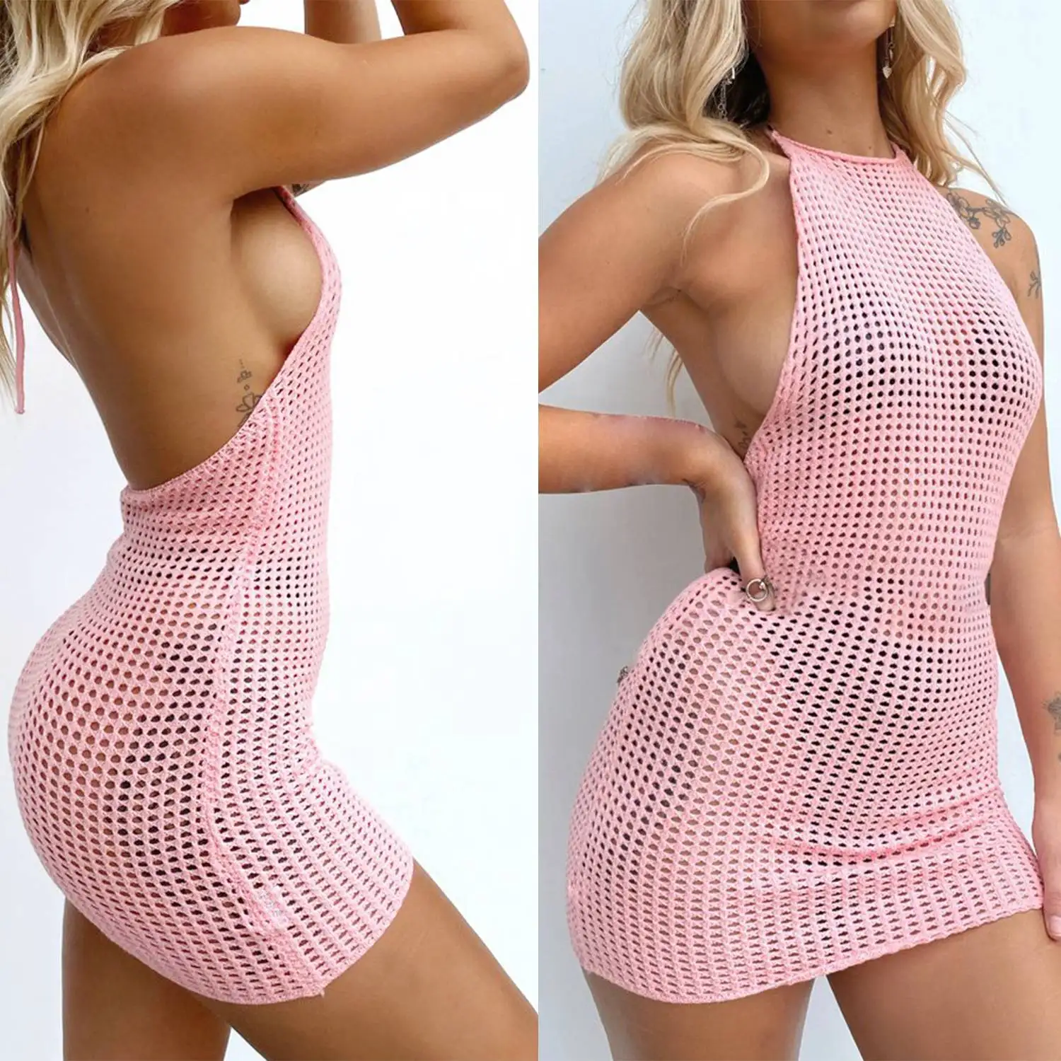 

Women's Halter Halter Mesh Perspective Sleeveless Hip Dress Pink