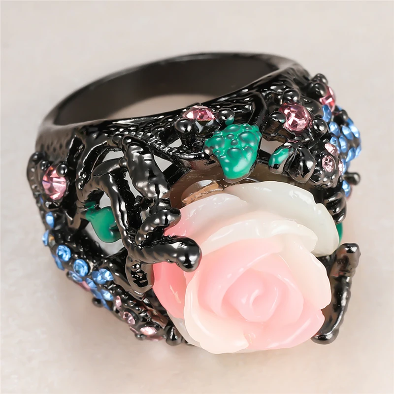 

Vintage Female Pink Flower Ring Charm 14KT Black Gold Wedding Rings For Women Luxury Bride Round Crystal Engagement Ring