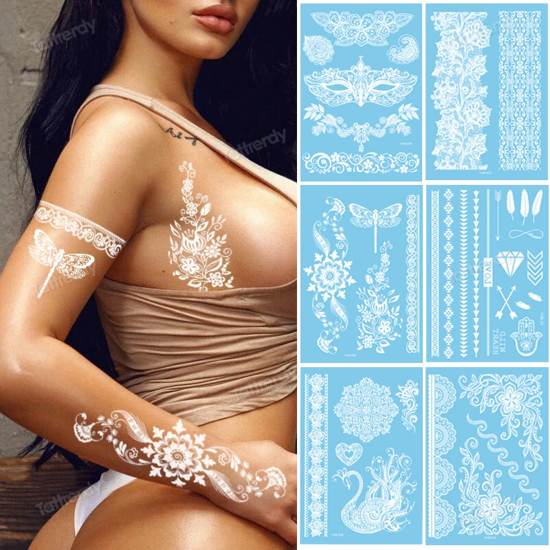 

White Henna Mandala Temporary Tattoo Paste Flower Lace Wedding Waterproof Sticker Indian Jewelry Body Art Fake Tattoos Hand Arm