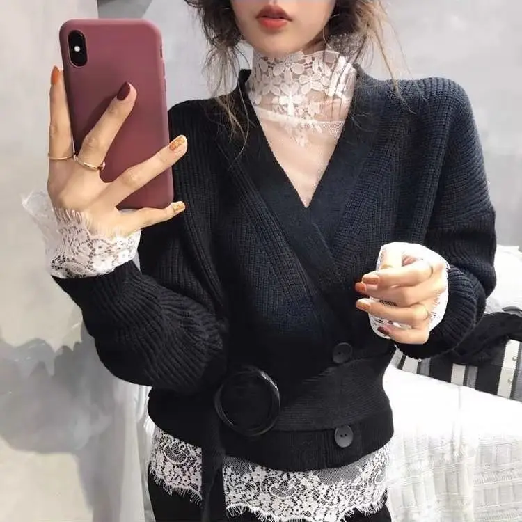 

Sexy Women See Through Temperament Mesh Tops Pagoda Sleeve Slim Ladies Bottomed Stand Collar Hollow Out Thin Floral Lace Blouse