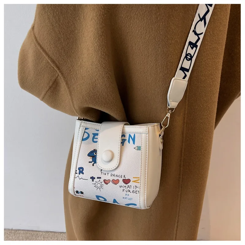 

Graffiti Bucket Shoulder Bag 2021 Cute Cartoon Print Youth Girl's Small Crossbody Bag Trendy Women's Pu Leather Zipper Handbags
