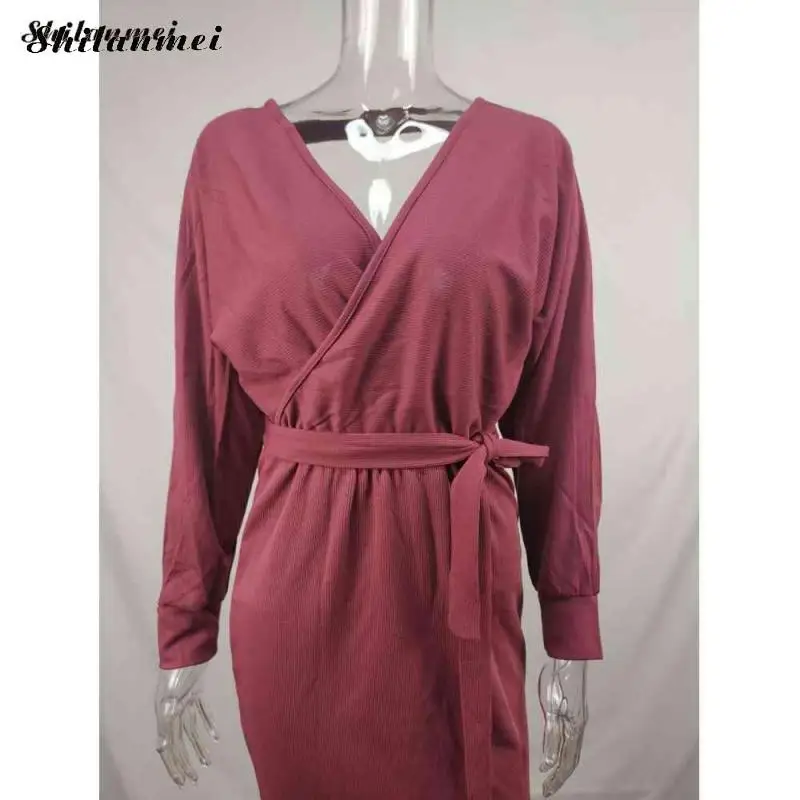

V Neck Sweater Dress With Belt 2019 Autumn Winter Long Bodycon Dresses Women Lace Up Wrap Knitted Dress Side Slit Vestidos Mujer