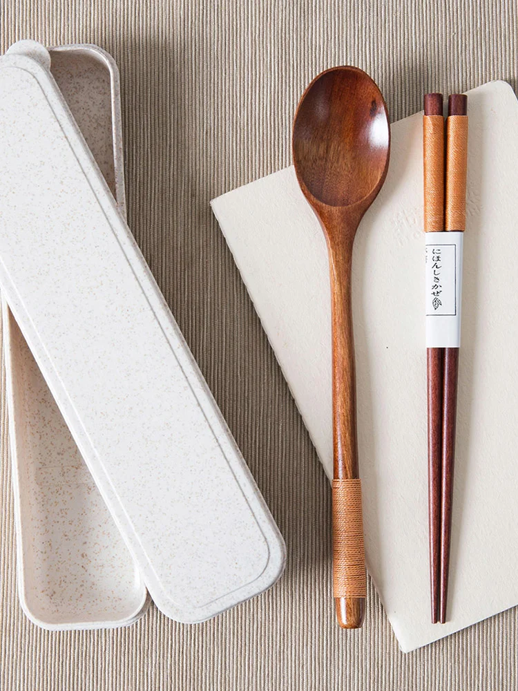 

Japanese Style Natural Wooden Spoon Chopsticks Storage Box Set Household Portable Longhandled Small Soup Spoon Student Tableware