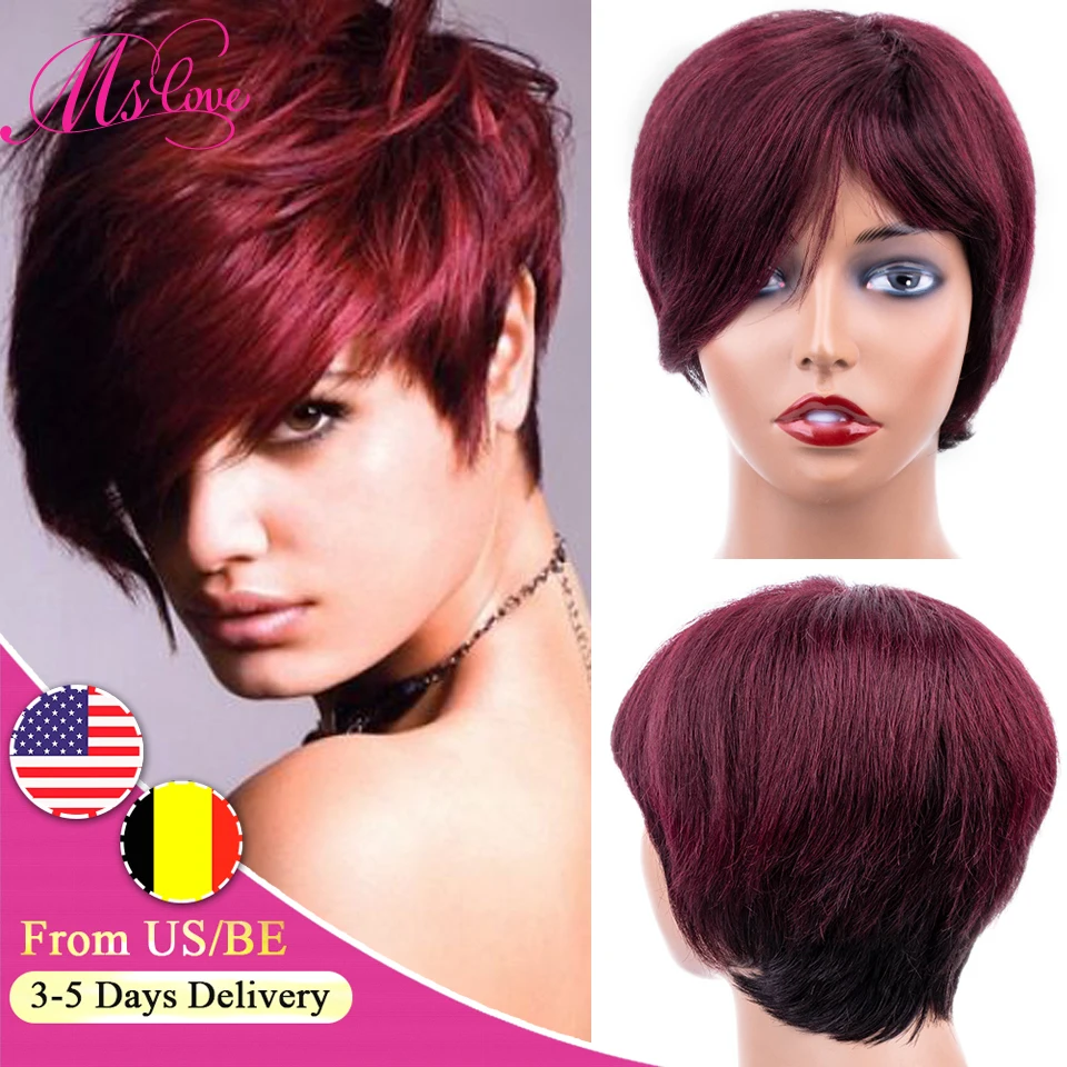 Короткие парики для женщин человеческие волосы 99J бразильские с челкой