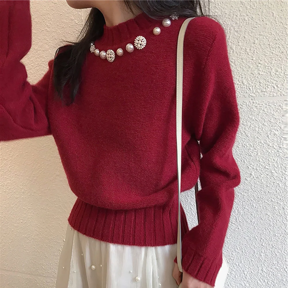 

Elegant Pearls Beading Long Sleeve Mock Neck Knitted Pullovers Women Fashion Loose Spring Autumn Sweater Woman White Black Tops