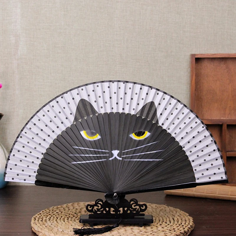 Cute Cartoon Cat Folding Silk Fan Handheld Fan Hollow Out Hand Folding Fans Outdoor Dancing Wedding Party Decoration