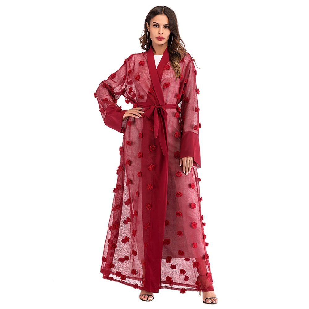 

Новинка 2021, женский очаровательный Банкетный стиль FridayIn, мусульманский сетчатый Свободный кардиган с длинными рукавами и трехмерными цвет...