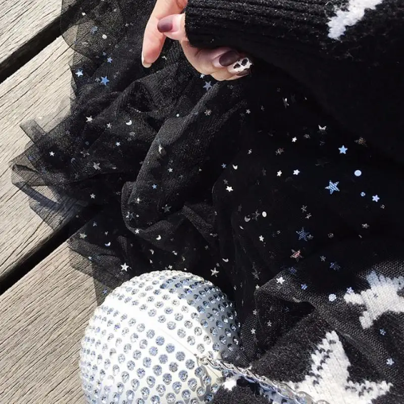 

Autumn Winter 2 Piece Set 2020 Runway Women Casual Print Stars Knitted Loose Sweater Tops + Mesh Sequin Ball Gown Skirt Set T312