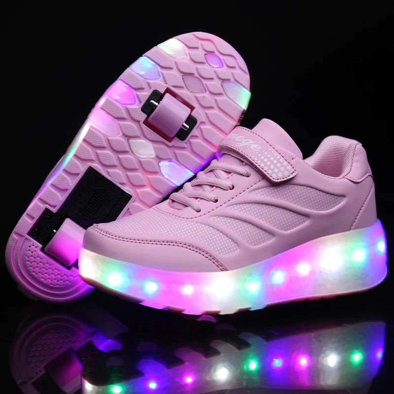 Two Wheels Luminous Sneakers Blue Pink Led Light Roller Skate Shoes for Children Kids Boys Girls Up 28-43 | Детская одежда и обувь