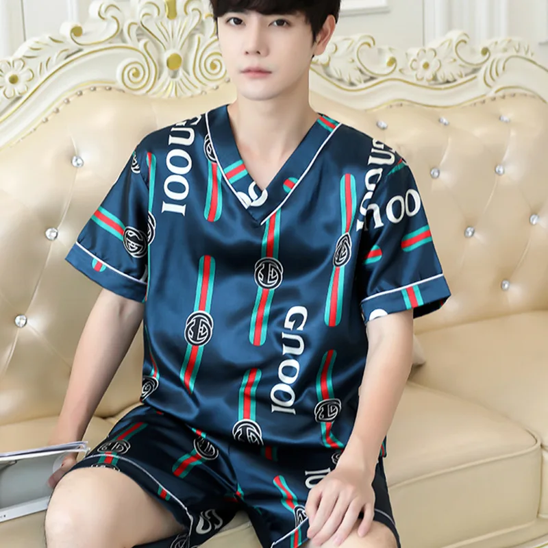 (Top + Pants) Men's Ice Silk Short Sleeve Pajamas Suit Casual Comfortable Trend Printing Loose Thin Lapel Cardigan Home Service