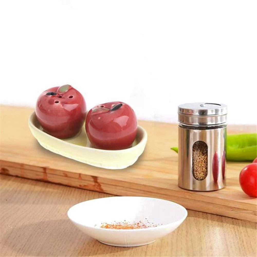 

2pcs Ceramic Salt & Pepper Pots Condiment Set Apple Shape w/Holder For Home Restaurant With Gift Box