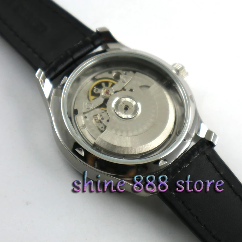 

43mm Parnis watch power reserve Black dial Black strap date Automatic Self-Winding movement Men's watch