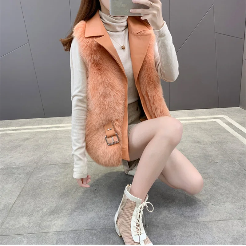 FURSARCAR Genuine Motorcycle Leather Fur Vest Real Natrual Fox Fur Women Winter Waistcoat Sheep Skin Whole Skin Fox Fur Gilet