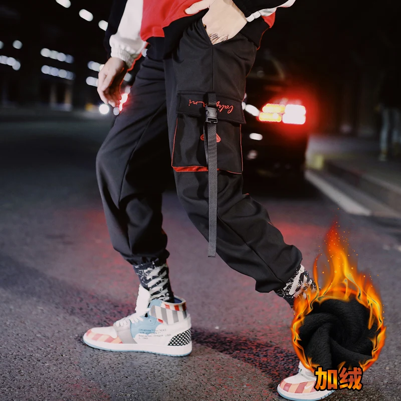 Светоотражающие мужские брюки карго плюс бархатные тактические карманные брюки лента хип хоп повседневные штаны Свободные беговые Лоскутные - Цвет: 17