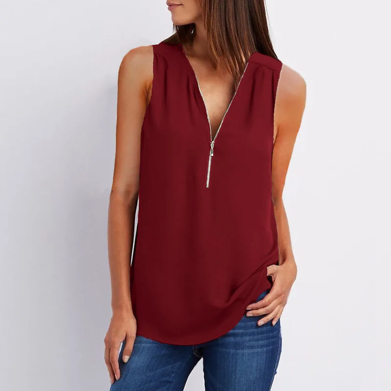 

Donsignet Fashion Women's Blouse New Spring Casual V-neck Pullover Zipper Solid Color Loose Plus Size Sleeveless Blouse Vest