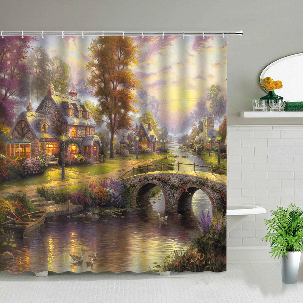 

Dream Rural European Style Oil Painting Building Scenery Shower Curtains Flower Plant Park Stone Bridge Landscape Bathtub Screen