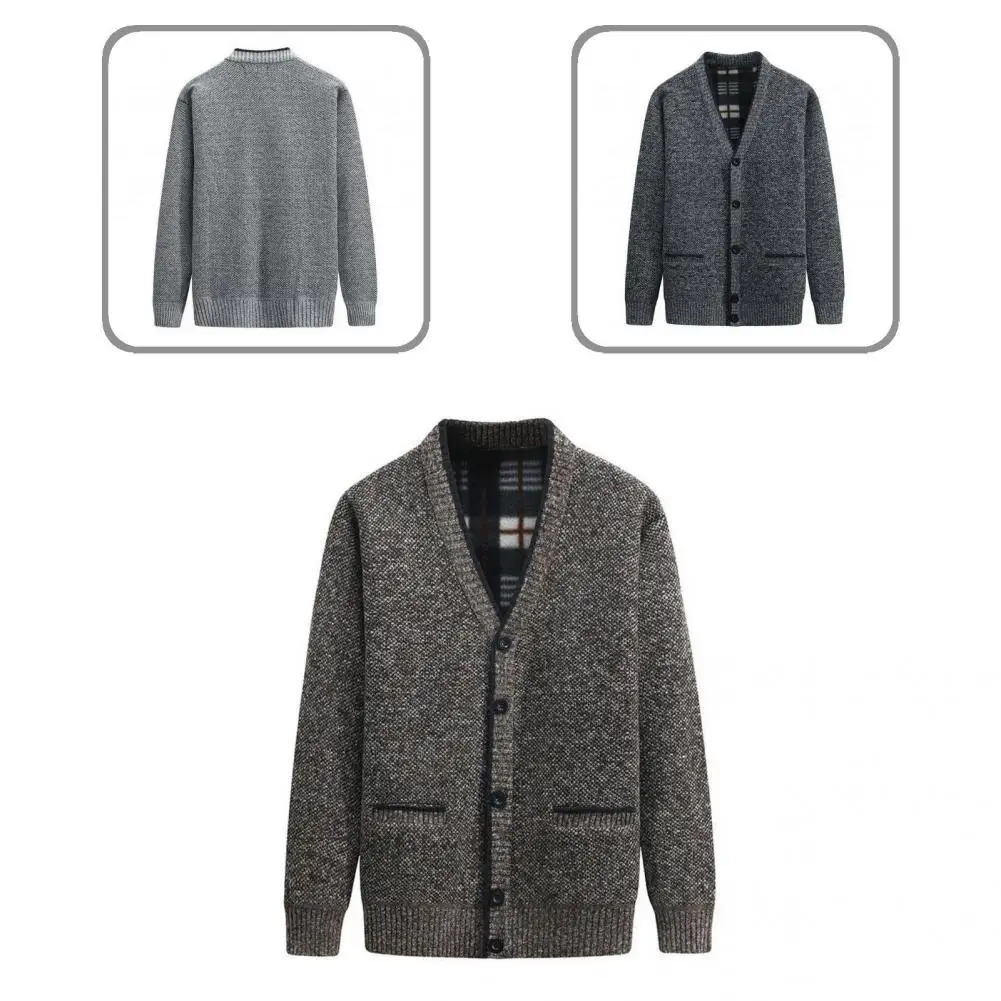 

Cardigan Sweater Handsome Fleece Lining Solid Color Cardigan Sweater Ribbed Cuff Pockets Knitted Cardigan